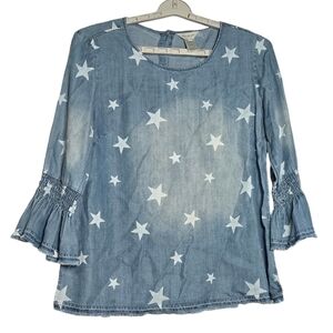 Multiples Blue Chambray  Long Sleeve White Stars Smock Cuff  Top Size Small